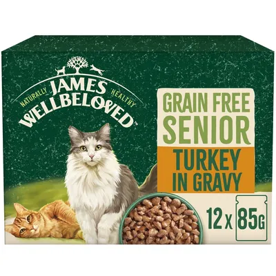 Grain free senior turkey in gravy, 12 packs of 85g each. Product image shows food pieces and key features.