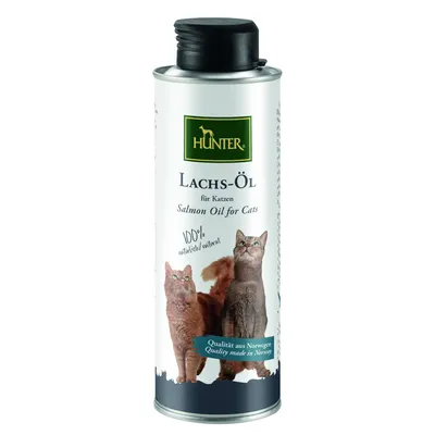 Hunter olio di salmone per gatti, 100% naturale, qualità norvegese. Sulla confezione sono raffigurati due gatti.