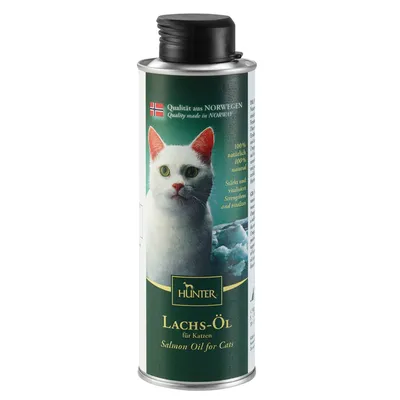 Butelka Hunter Lachs-Öl für Katzen Salmon Oil for Cats, 100% natural, jakość z Norwegii. Zielona etykieta z wizerunkiem kota i norweską flagą. Butelka Hunter Lachs-Öl für Katzen Salmon Oil for Cats, 100% natural, jakość z Norwegii. Zielona etykieta z wizerunkiem kota i norweską flagą.