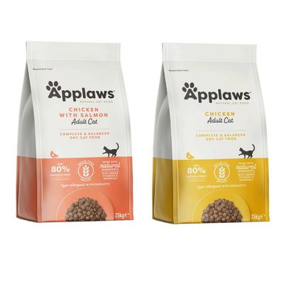 Applaws dry food for adult cats, chicken with salmon, grain-free, hypoallergenic, at least 80% animal protein, made from natural ingredients. Pack size: 7.5 kg.