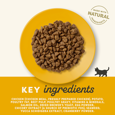 Suhra hrana za mačke na žutom tanjuru. Tekst: Made with natural ingredients. Key ingredients: chicken, potato, poultry fat, beet pulp, gravy, vitamins & minerals, salmon oil, yeast, egg powder.