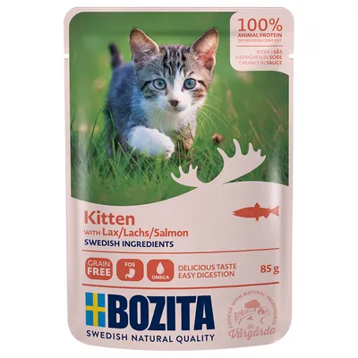 Plic Bozita Kitten cu somon, 85 g. 100% proteină animală, fără cereale, ingrediente suedeze, gust delicios, digestie ușoară. Text în engleză și germană pe ambalaj.