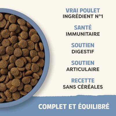 Bol avec croquettes, Texte : véritable poulet comme ingrédient principal, soutien du système immunitaire, digestion, articulations, recette sans céréales, complet et équilibré.