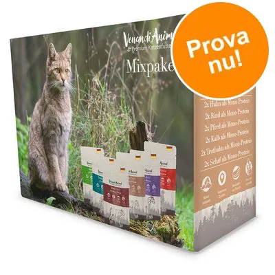Venandi Animal Premium Kattfoder Mixpaket, flera påsar med olika färger. Stor orange cirkel med texten 'Prova nu!'.