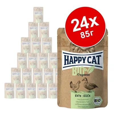 Пакетчета Happy Cat BIO Organic Ente/Duck, 24 броя по 85 г. Видими са изображения на пиле и патица, текст: Ohne Zuckerzusatz, Ohne künstliche Farb- und Konservierungsstoffe, Ohne Sojuzusatz.