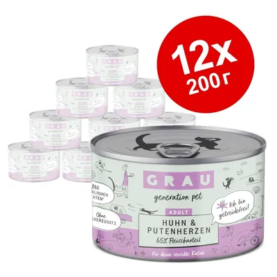 12 консерви GRAU generation pet Huhn & Putenherzen, 200 г. Видим текст: Mit natürlichen Zutaten, Ohne Zuckerzusatz, Ich bin getreidefrei.