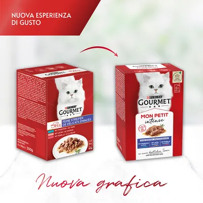 Confronto tra vecchia e nuova confezione di Purina Gourmet Mon Petit per gatti, con testo: 'Nuova esperienza di gusto' e 'Nuova grafica'. Entrambe le scatole mostrano un gatto bianco.