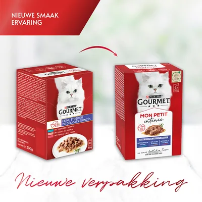 Purina Gourmet kattenvoer, oude en nieuwe verpakking naast elkaar. Tekst: 'Nieuwe smaakervaring', 'Mon Petit Intense', 'Feine Streifen', '6x50g', 'Nieuwe verpakking'.