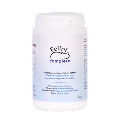 Felini Complete kosttillskott med vitaminer, mineralämnen, spårämnen och taurin. För komplettering av rått och tillagat kött.