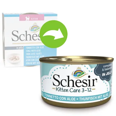 Schesir Kitten Care 3-12, tonnikala ja aloe hyytelössä. Täysravinto. Pakkaus ja tölkki näkyvissä.