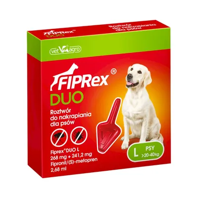 FIPRex DUO roztwór do nakrapiania dla psów L >20–40 kg, Fipronil/(S)-metopren 268 mg + 241,2 mg, 2,68 ml. Opakowanie z wizerunkiem psa i pipetą.