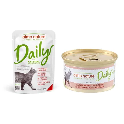 20% reducere! 6 pliculețe x 70g + 6 conserve x 85 g Almo Nature Daily Menu - Pui & Vită 6 x 70 g + Mousse cu somon 6 x 85 g