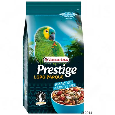 Versele-Laga Prestige Loro Parque Amazone Parrot Mix, afbeelding van papegaai en kom met zadenmix op de verpakking. Tekst: Optimal Freshness, Loro Parque Fundación.
