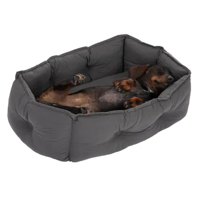 Hund sover afslappet i en grå, polstret hundeseng.