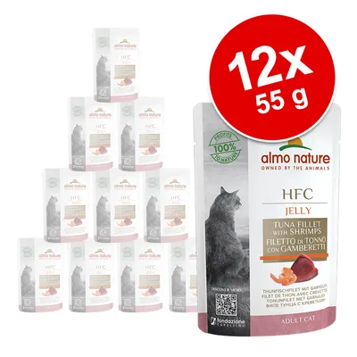 almo nature HFC Jelly Tuna Fillet with Shrimps, 12x55 g portionspåsar för vuxen katt. Text: Profits 100% to nature, Adult Cat.