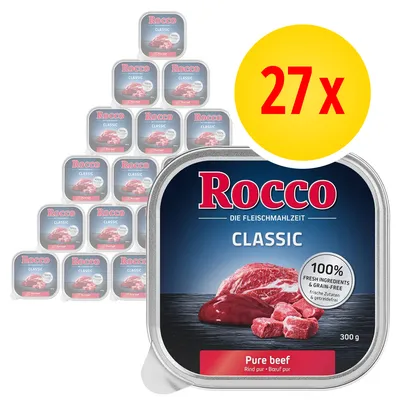 27× Rocco Classic Pure beef, 300 g. Text: 100% fresh ingredients & grain-free, frische Zutaten & getreidefrei, Rind pur • Boeuf pur. Na obalu vyobrazené kusy hovězího masa.