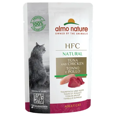 Pachet almo nature HFC Natural pentru pisici adulte, ton și pui. Text vizibil: 'PROFITS 100% TO NATURE', 'OWNED BY THE ANIMALS', imagine felie de ton și pui, cod QR.