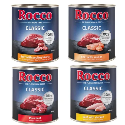 Fai scorta! Rocco Classic 24 x 800 g Alimento umido per cani - Mix 6: Manzo puro, Pollo, Salmone, Cuori di Pollame