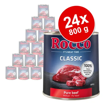 Set 24 conserve Rocco Classic Pure beef, 800 g fiecare. Text vizibil: 100% fresh ingredients & grain-free recipe. Imaginea arată cutii cu carne de vită pe etichetă.