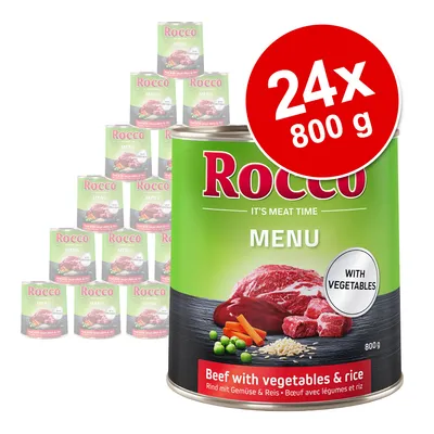 Rocco MENU Beef with vegetables & rice, 24 x 800 g pločevinke. Na embalaži so vidni koščki govedine, zelenjava in riž ter oznaka 'WITH VEGETABLES'.