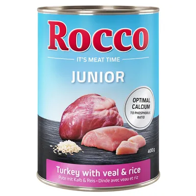 Rocco Junior mokra hrana v pločevinki, puran s teletino in rižem, optimalno razmerje kalcija in fosforja, 400g. It's Meat Time. Rocco Junior mokra hrana v pločevinki, puran s teletino in rižem, optimalno razmerje kalcija in fosforja, 400g. It's Meat Time.
