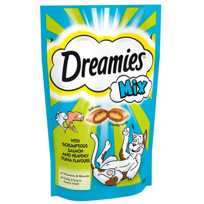 Dreamies Mix treats with salmon and tuna flavours, soft inside and crunchy outside. Contains vitamins, minerals, only 2 kcal per treat. Packaging shows fish and a playful animal illustration.