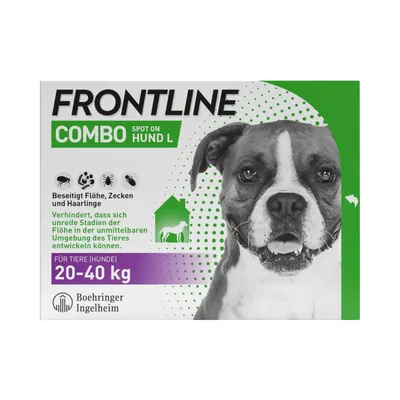 Frontline Combo Spot On Hund L, beseitigt Flöhe, Zecken und Haarlinge. Für Tiere (Hunde) 20-40 kg. Verhindert Entwicklung unreifer Flohstadien. Boehringer Ingelheim.