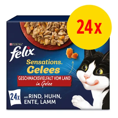 Purina Felix Sensations Gelees, 24x con manzo, pollo, anatra, agnello. Testo in tedesco: Geschmacksvielfalt vom Land in Gelee. Immagine di un gatto e ciotola di bocconcini in gelatina. Purina Felix Sensations Gelees, 24x con manzo, pollo, anatra, agnello. Testo in tedesco: Geschmacksvielfalt vom Land in Gelee. Immagine di un gatto e ciotola di bocconcini in gelatina.