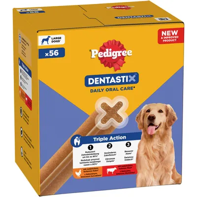 Pedigree Dentastix Daily Oral Care pre veľké psy, 56 ks. Trojitý účinok: znižuje tvorbu zubného kameňa, zdravšie ďasná, sviežejší dych. S kuracím a hovädzím. Pedigree Dentastix Daily Oral Care pre veľké psy, 56 ks. Trojitý účinok: znižuje tvorbu zubného kameňa, zdravšie ďasná, sviežejší dych. S kuracím a hovädzím.