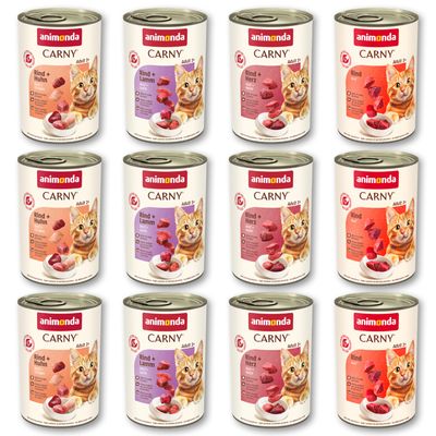 Консерва Animonda Carny Adult, пуешко и пилешки дроб, 12×400 г. Видими надписи: 100% frische Zutaten, Ohne Getreide, Made in Germany. Снимка на котка и месо.