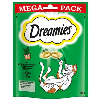 Dreamies MEGA PACK kattgodis, smak av kattmynta, 180 g. Text på tyska och franska om vitaminer, mineraler och mindre än 2 kcal per bit. Bild på tecknad katt och godisbitar.