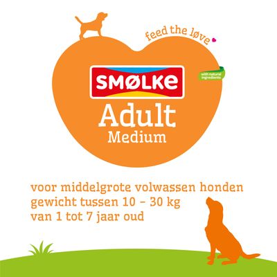 SMØLKE Adult Medium, voor middelgrote volwassen honden, gewicht 10–30 kg, leeftijd 1–7 jaar, met natuurlijke ingrediënten, feed the love.