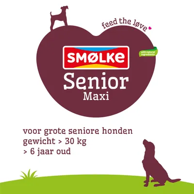 Smølke Senior Maxi, met natuurlijke ingrediënten. Voor grote oudere honden, gewicht boven de 30 kg, ouder dan 6 jaar. Voed de liefde. Smølke Senior Maxi, met natuurlijke ingrediënten. Voor grote oudere honden, gewicht boven de 30 kg, ouder dan 6 jaar. Voed de liefde.