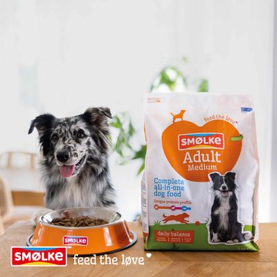 Smølke Adult Medium Hundefutter, Verpackung mit Aufschrift: Complete all-in-one dog food, daily balance, unique protein profile. Hund neben Futternapf.