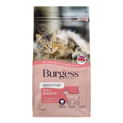 Burgess Adult Cat complete food, rich in salmon. Highlights dental health, skin and coat health, digestive comfort. Contains 1.5kg, suitable for adult cats years 1+.