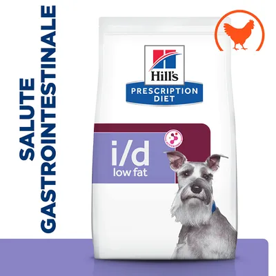 Hill's Prescription Diet i/d low fat per cani, salute gastrointestinale, immagine di un cane e simbolo arancione di pollo visibili sulla confezione.
