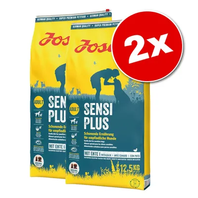Lot de 2 sacs Josera Sensi Plus Adult, 12,5 kg chacun, avec canard, aliment pour chiens sensibles. Texte visible en allemand, anglais, français et espagnol.