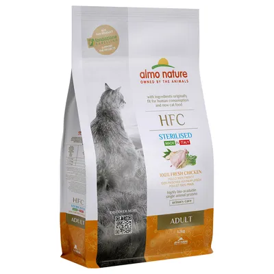 Almo Nature HFC Sterilised Adult kattefoder, Made in Italy, med 100% frisk kylling, højt biotilgængeligt enkeltprotein, Urinary Care, 1,2 kg pakke.