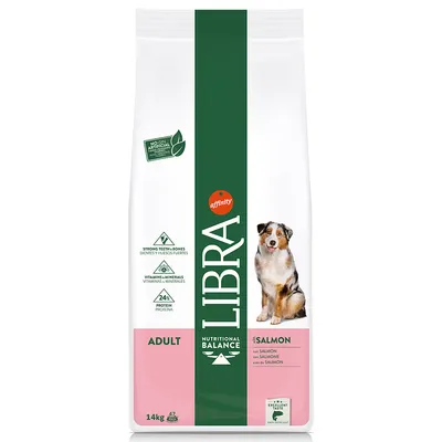 Karma Libra Nutritional Balance Adult z łososiem, 14 kg. Widoczne: 24% białka, witaminy i minerały, bez sztucznych dodatków, dla dorosłych psów. Marka affinity.