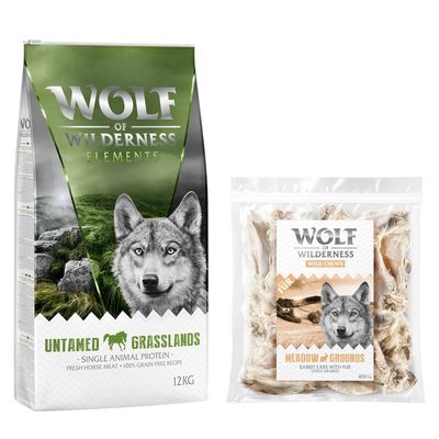 Wolf of Wilderness Kombi-Paket: Adult Trockenfutter + 3 x Kaninchenohren mit Fell Snacks 12 kg Untamed Grasslands - Pferd + 3 x 400 g Snacks