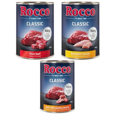 Rocco Classic Pachet mixt de testare 6 x 400 g Topseller Mix: Vită pur, Vită și inimi de pasăre, Vită și pui