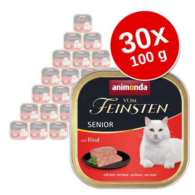 Animonda Vom Feinsten Senior mit Rind, 30 x 100 g. Opakowanie pokazuje białego kota i kawałek karmy na talerzu. Widoczny napis: SENIOR, mit Rind.