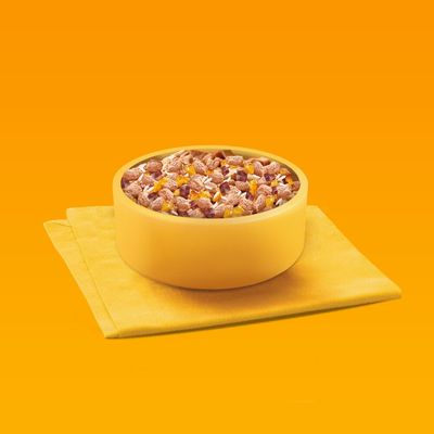 Bowl filled with mixed dry pet food pieces and small chunks, placed on a folded yellow cloth against an orange background.