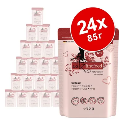 catz finefood N°3 паучове за котки, 24 броя по 85 г, Geflügel. Видими икони: 95 % месо, без добавена захар, без изкуствени аромати, не е тествано върху животни.