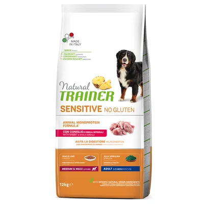 Natural Trainer Sensitive No Gluten koiranruoka, 12 kg. Animal Monoprotein Formula, coniglio & täysjyväviljat, aikuisille suurille koirille. Ei gluteenia, väriaineita, säilöntäaineita tai lisättyä sokeria.