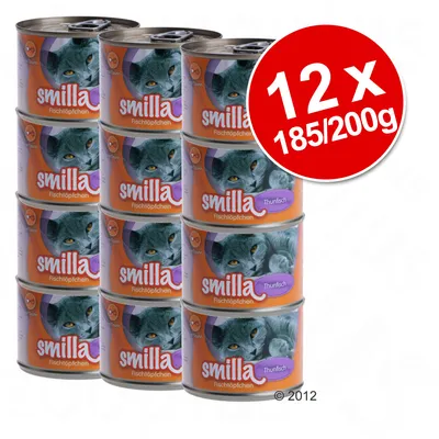 Lot de 12 boîtes Smilla Fischöpfchen Thunfisch pour chat, 185/200 g chacune, étiquette orange et violette avec photo de chat. Texte visible : 12 x 185/200g. Lot de 12 boîtes Smilla Fischöpfchen Thunfisch pour chat, 185/200 g chacune, étiquette orange et violette avec photo de chat. Texte visible : 12 x 185/200g.