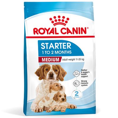 ROYAL CANIN Starter 1 to 2 months Medium, adult weight 11–25 kg, supports mother & puppy's health, strong immune system, 2-stage, image of dogs on the packaging.