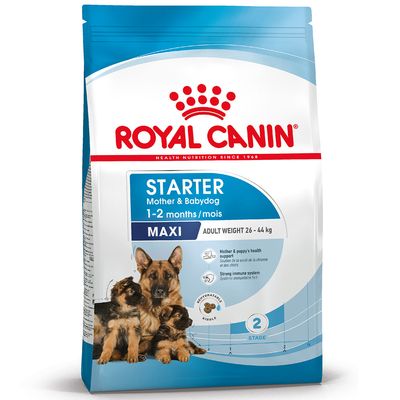 Royal Canin Starter Mother & Babydog Maxi, 1–2 months, adult weight 26–44 kg, resealable packaging, image of dogs on the front.