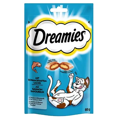 Dreamies лакомство за котки с вкусен сьомга, 60g. Съдържа витамини и минерали, под 2 kcal на брой, хрупкава обвивка с кремообразен пълнеж.