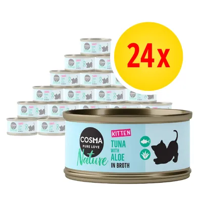 24x konzervy COSMA PURE LOVE Nature Kitten Tuna with Aloe in Broth, obrázek koťátka a symboly ryby a aloe na etiketě 24x konzervy COSMA PURE LOVE Nature Kitten Tuna with Aloe in Broth, obrázek koťátka a symboly ryby a aloe na etiketě